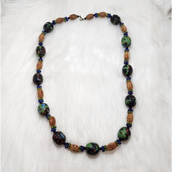 Hand-Painted Cork Beaded Necklace | Rustic Green & Brown Beads - Picture 1 of 4